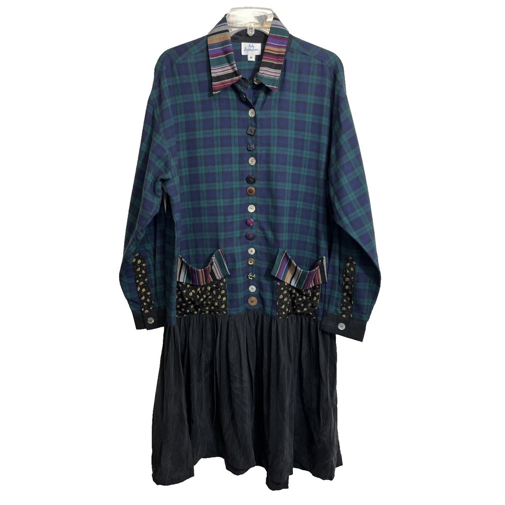 Betty Hadikusumo Dress Size M Blue Plaid Pockets Buttons VTG Lagenlook Eclectic